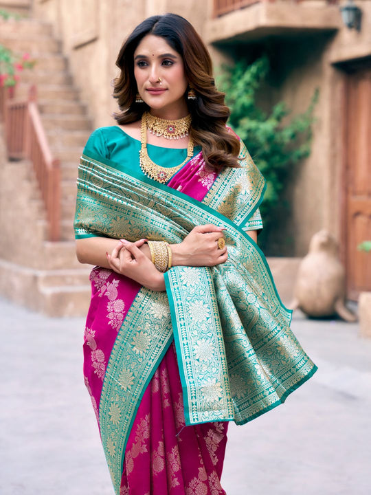 Pink Soft Banarasi Silk With Gold Zari Weaving With Zhallar Saree With Blouse Piece