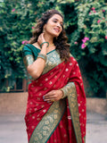 Red Soft Banarasi Silk With Gold Zari Weaving With Zhallar Saree With Blouse Piece