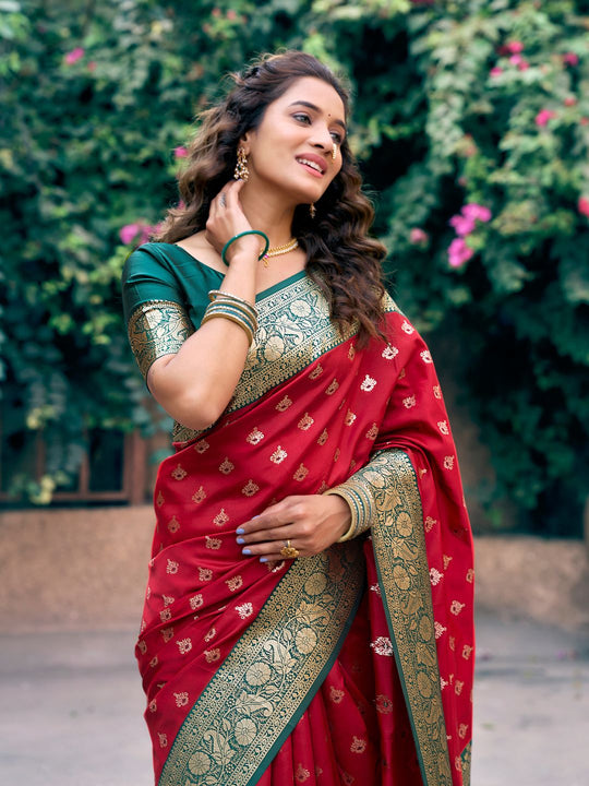 Red Soft Banarasi Silk With Gold Zari Weaving With Zhallar Saree With Blouse Piece
