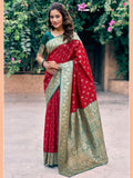 Red Soft Banarasi Silk With Gold Zari Weaving With Zhallar Saree With Blouse Piece