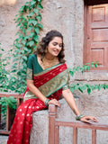 Red Soft Banarasi Silk With Gold Zari Weaving With Zhallar Saree With Blouse Piece