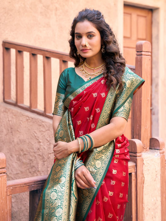 Red Soft Banarasi Silk With Gold Zari Weaving With Zhallar Saree With Blouse Piece