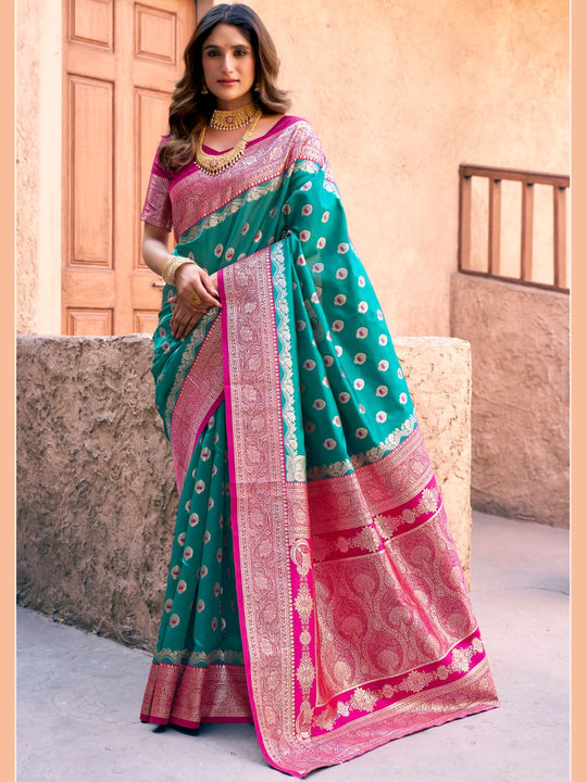 Emerald Green Soft Banarasi Silk With Gold Zari Weaving With Zhallar Saree With Blouse Piece