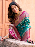 Emerald Green Soft Banarasi Silk With Gold Zari Weaving With Zhallar Saree With Blouse Piece