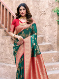 Green Soft Banarasi Silk With Gold Zari Weaving With Zhallar Saree With Blouse Piece