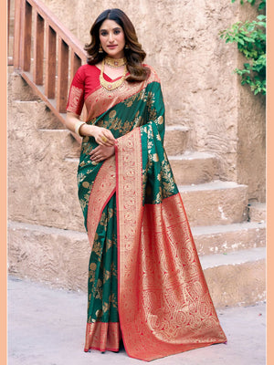 Green Soft Banarasi Silk With Gold Zari Weaving With Zhallar Saree With Blouse Piece