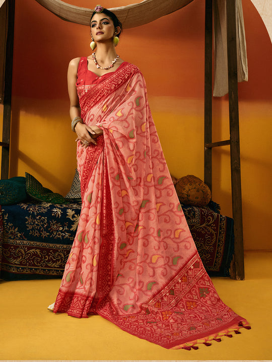 Light Red Cotton Blend Jamdani Saree With Blouse Piece