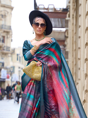 Multicolor Silk Printed Saree With Blouse Piece