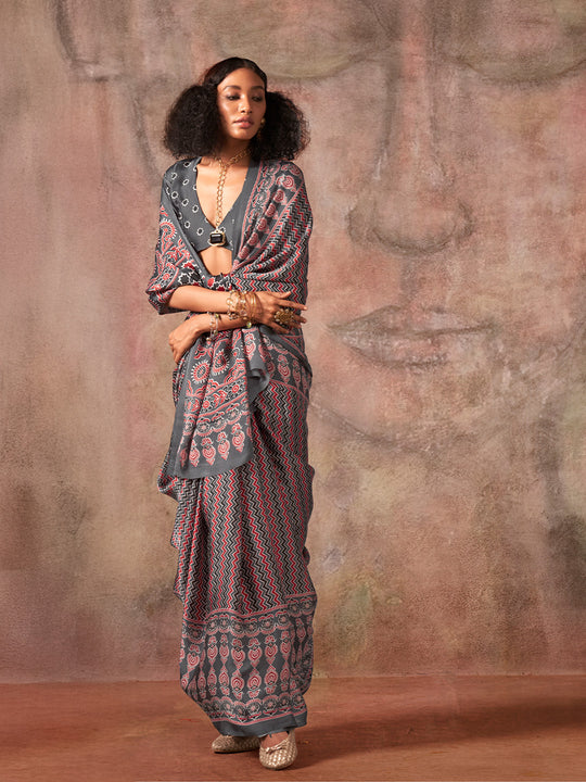 Grey Ajarakh Print Satin Georgette Saree With Blouse Piece