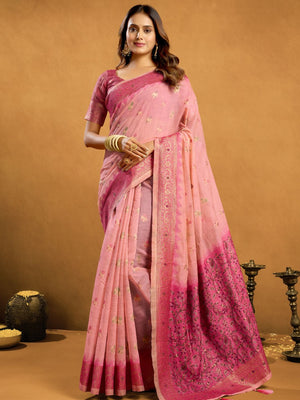 Pink Premium Spun Cotton With Beautifull Zari With Jhallar & Rich Pallu Saree With Blouse Piece