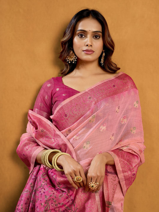 Pink Premium Spun Cotton With Beautifull Zari With Jhallar & Rich Pallu Saree With Blouse Piece