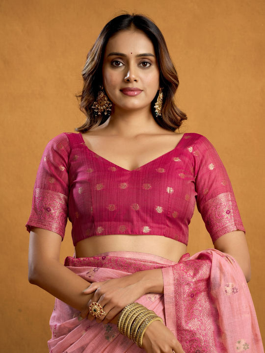 Pink Premium Spun Cotton With Beautifull Zari With Jhallar & Rich Pallu Saree With Blouse Piece