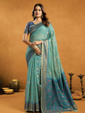 Teal Blue Premium Spun Cotton With Beautifull Zari With Jhallar & Rich Pallu Saree With Blouse Piece