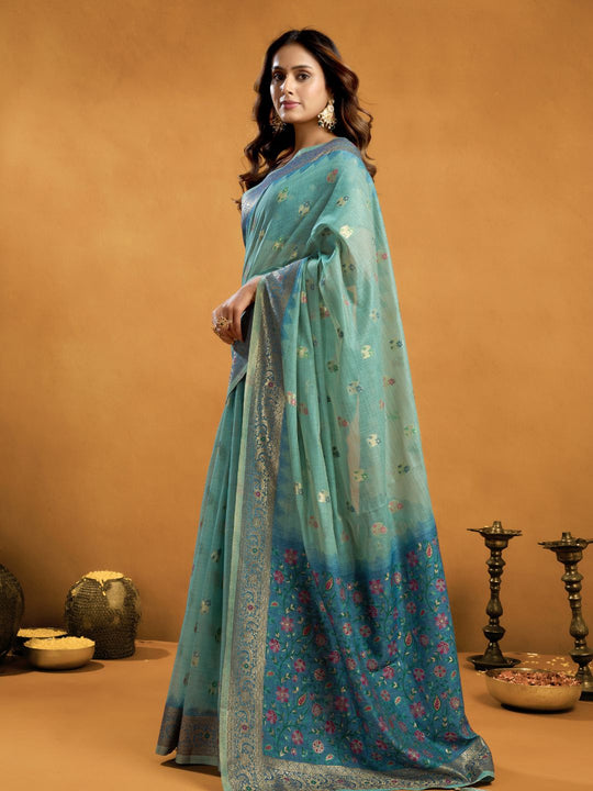 Teal Blue Premium Spun Cotton With Beautifull Zari With Jhallar & Rich Pallu Saree With Blouse Piece