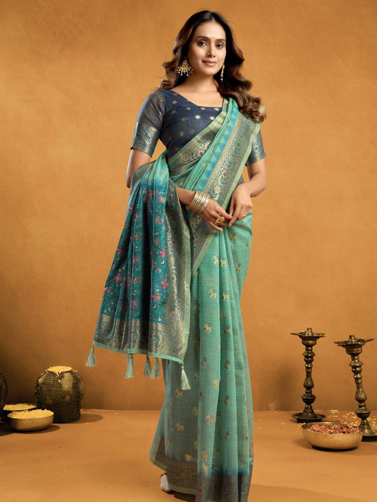 Teal Blue Premium Spun Cotton With Beautifull Zari With Jhallar & Rich Pallu Saree With Blouse Piece