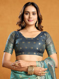 Teal Blue Premium Spun Cotton With Beautifull Zari With Jhallar & Rich Pallu Saree With Blouse Piece