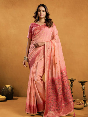 Light Pink Premium Spun Cotton With Beautifull Zari With Jhallar & Rich Pallu Saree With Blouse Piece