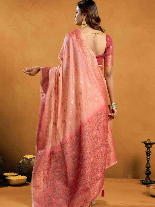 Light Pink Premium Spun Cotton With Beautifull Zari With Jhallar & Rich Pallu Saree With Blouse Piece