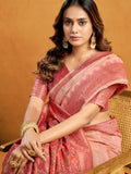 Light Pink Premium Spun Cotton With Beautifull Zari With Jhallar & Rich Pallu Saree With Blouse Piece
