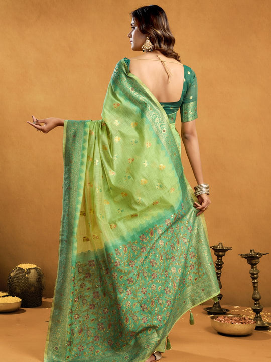 Green Premium Spun Cotton With Beautifull Zari With Jhallar & Rich Pallu Saree With Blouse Piece