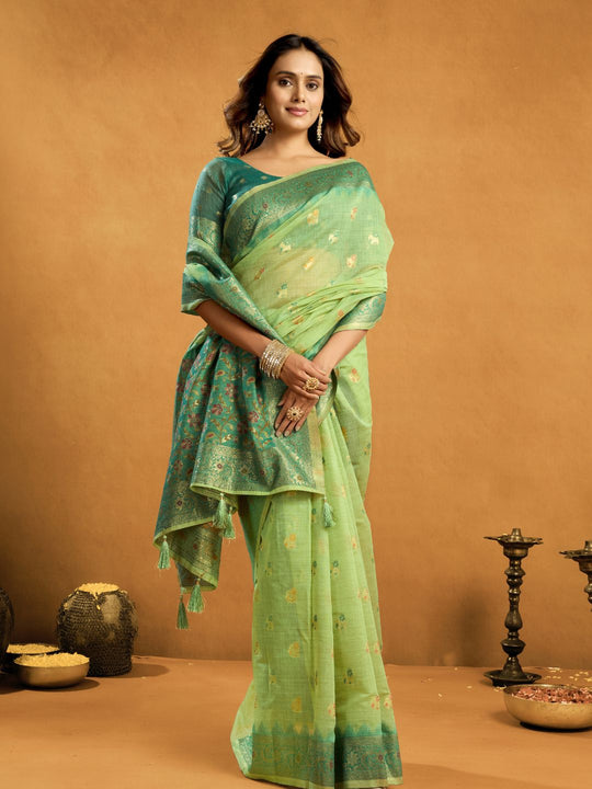 Green Premium Spun Cotton With Beautifull Zari With Jhallar & Rich Pallu Saree With Blouse Piece