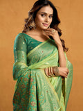 Green Premium Spun Cotton With Beautifull Zari With Jhallar & Rich Pallu Saree With Blouse Piece