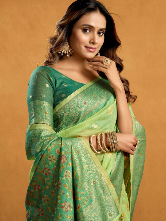 Green Premium Spun Cotton With Beautifull Zari With Jhallar & Rich Pallu Saree With Blouse Piece