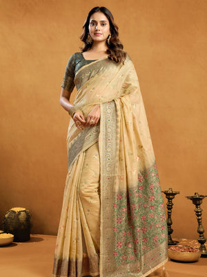 Cream Premium Spun Cotton With Beautifull Zari With Jhallar & Rich Pallu Saree With Blouse Piece