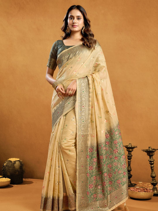 Cream Premium Spun Cotton With Beautifull Zari With Jhallar & Rich Pallu Saree With Blouse Piece