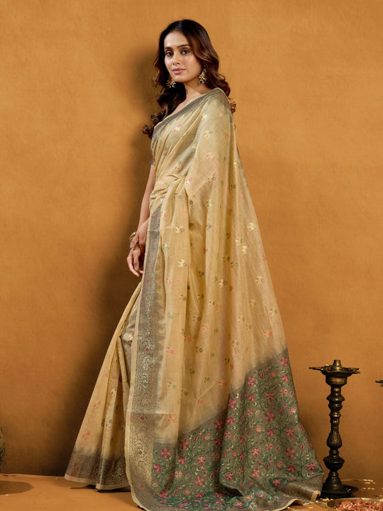 Cream Premium Spun Cotton With Beautifull Zari With Jhallar & Rich Pallu Saree With Blouse Piece