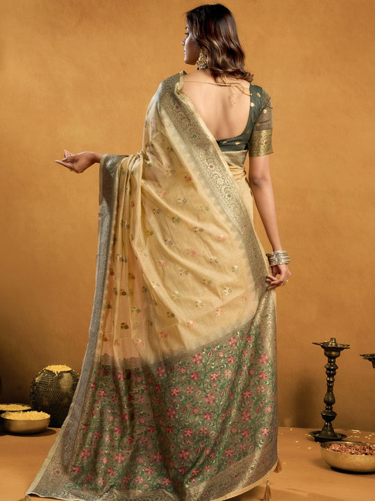 Cream Premium Spun Cotton With Beautifull Zari With Jhallar & Rich Pallu Saree With Blouse Piece