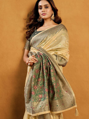 Cream Premium Spun Cotton With Beautifull Zari With Jhallar & Rich Pallu Saree With Blouse Piece