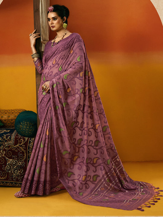 Purple Cotton Blend Jamdani Saree With Blouse Piece