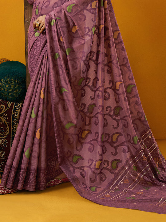 Purple Cotton Blend Jamdani Saree With Blouse Piece