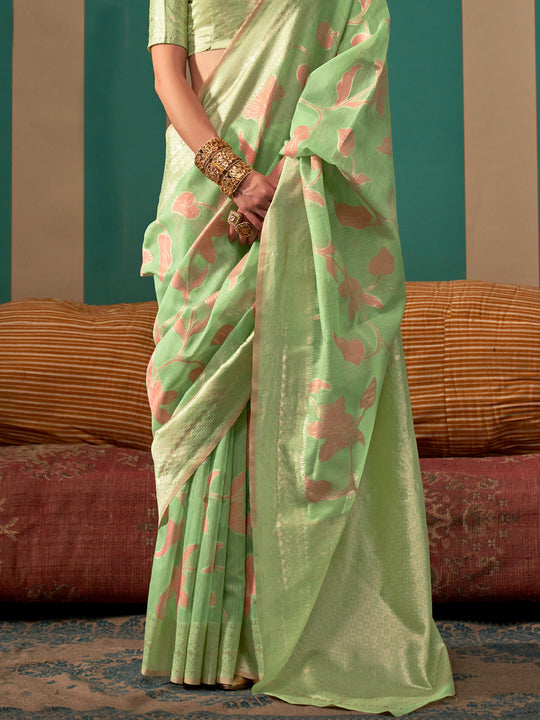 Green Party Wear Linen Blend Saree With Blouse Piece