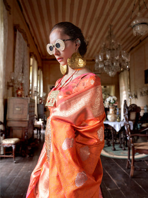 Orange Two-Tone Handloom Weaving Silk Saree With Blouse Piece