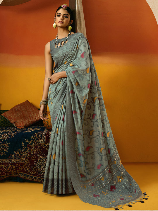 Grey Cotton Blend Jamdani Saree With Blouse Piece