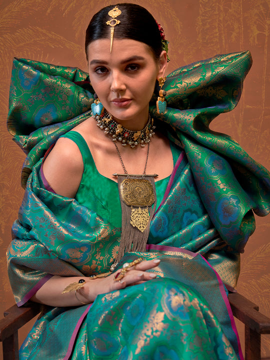 Sea-Green Handloom Weaving Silk Saree With Blouse Piece