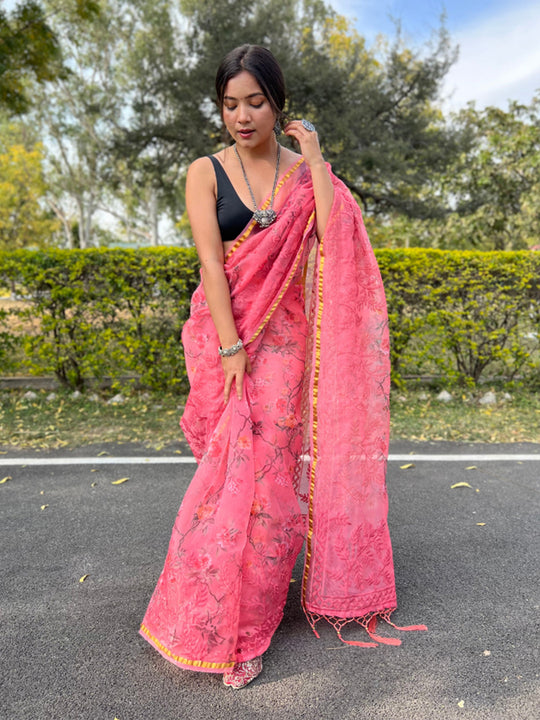 Peach Organza Saree With Blouse Piece
