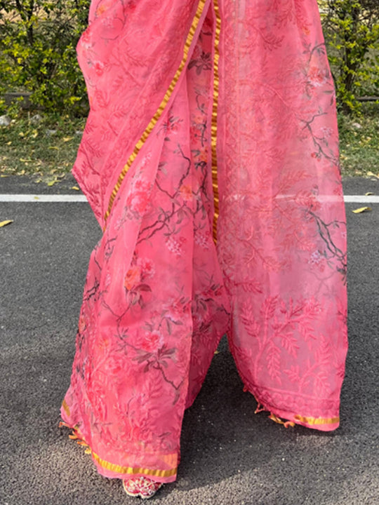 Peach Organza Saree With Blouse Piece