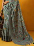 Grey Cotton Blend Jamdani Saree With Blouse Piece
