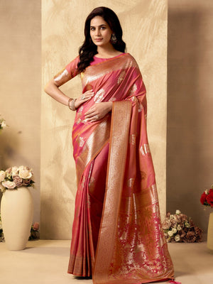 Orange Banarasi Rich Pallu Silk Saree With Gold Zari Weaving With Zhallar Saree With Blouse Piece