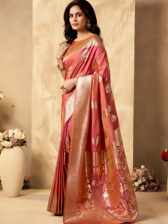 Orange Banarasi Rich Pallu Silk Saree With Gold Zari Weaving With Zhallar Saree With Blouse Piece