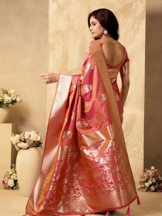 Orange Banarasi Rich Pallu Silk Saree With Gold Zari Weaving With Zhallar Saree With Blouse Piece