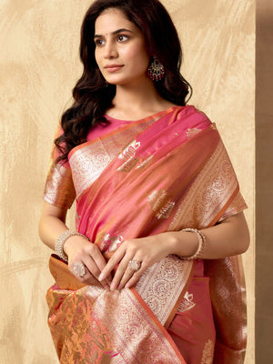 Orange Banarasi Rich Pallu Silk Saree With Gold Zari Weaving With Zhallar Saree With Blouse Piece