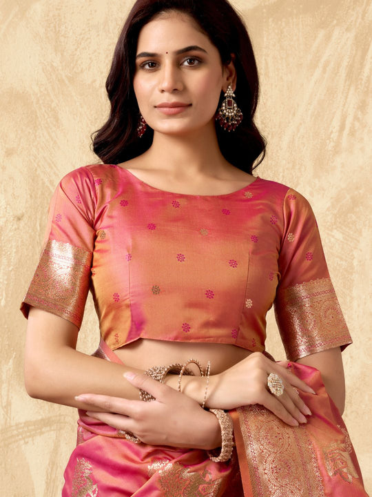 Orange Banarasi Rich Pallu Silk Saree With Gold Zari Weaving With Zhallar Saree With Blouse Piece