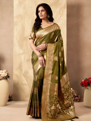 Green Banarasi Rich Pallu Silk Saree With Gold Zari Weaving With Zhallar Saree With Blouse Piece