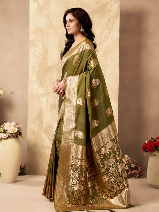 Green Banarasi Rich Pallu Silk Saree With Gold Zari Weaving With Zhallar Saree With Blouse Piece