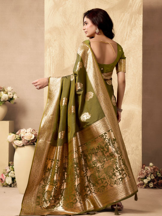Green Banarasi Rich Pallu Silk Saree With Gold Zari Weaving With Zhallar Saree With Blouse Piece