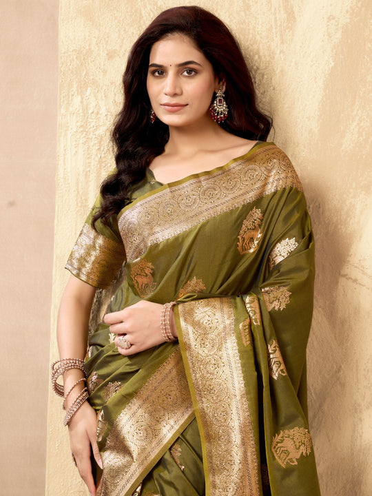 Green Banarasi Rich Pallu Silk Saree With Gold Zari Weaving With Zhallar Saree With Blouse Piece